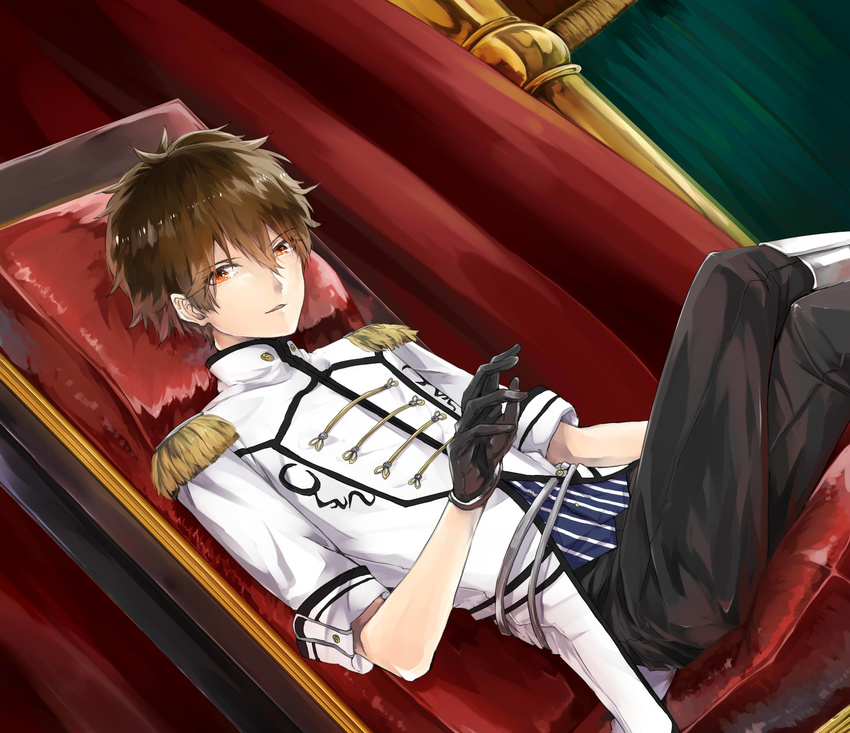 absurdres aiguillette bad_id bad_pixiv_id black_gloves black_pants boots brown_hair buttons collar crossed_legs curtains dutch_angle emblem ensemble_stars! epaulettes evil_smile gloves hair_between_eyes highres knee_boots looking_at_viewer male_focus military military_uniform morisawa_chiaki orange_eyes pants parted_lips pillar sanmon_(mekko0929) short_sleeves sitting sleeves_folded_up smile solo throne uniform white_footwear