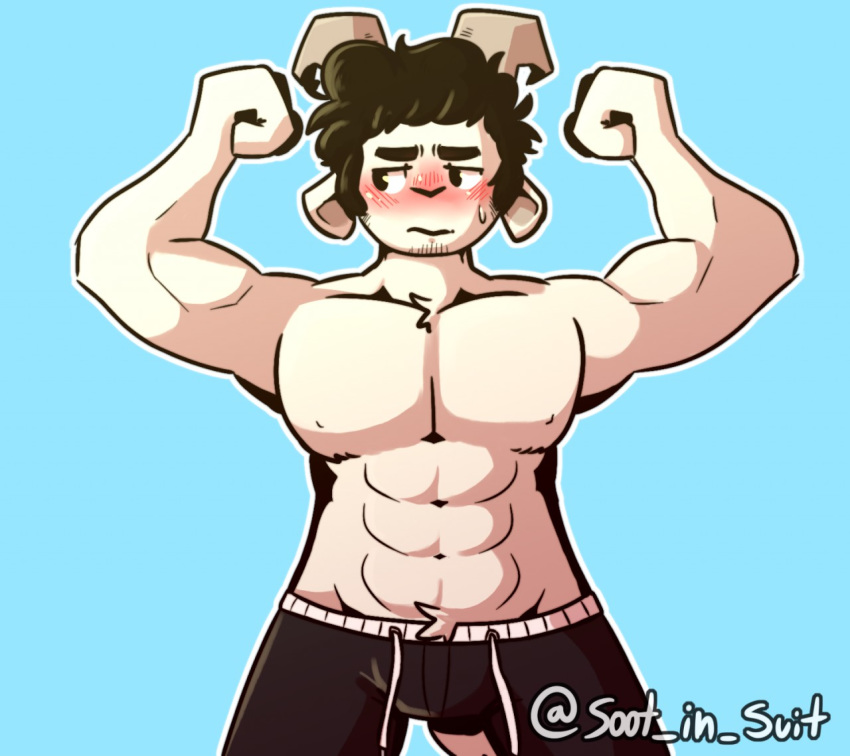 abs biceps blush bovid caprine digital_media_(artwork) embarrassed flexing goat horn male mammal muscular pecs simple_background solo soot_in_suit sweat
