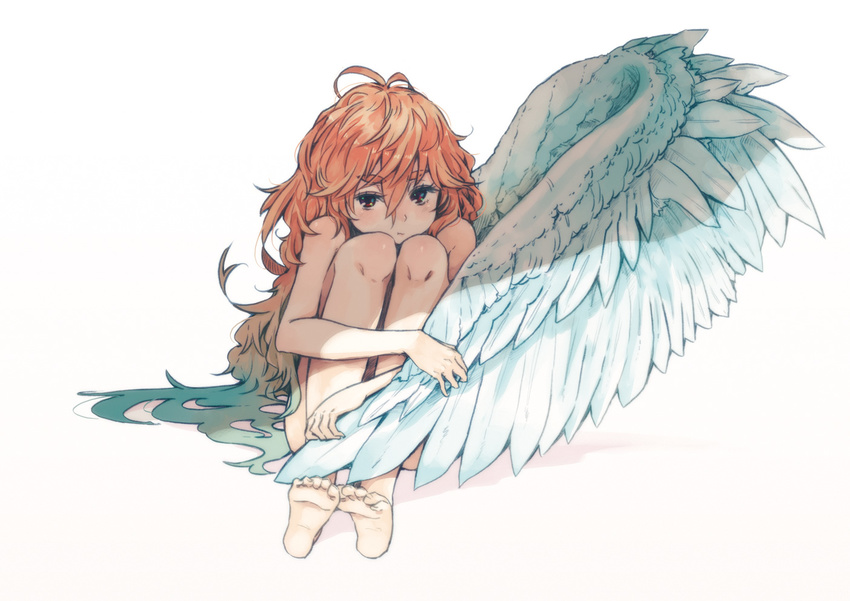 barefoot blue_eyes brown_hair gradient_hair hrd leg_hug long_hair looking_at_viewer messy_hair multicolored_hair nude original pout single_wing sitting solo white_background wings