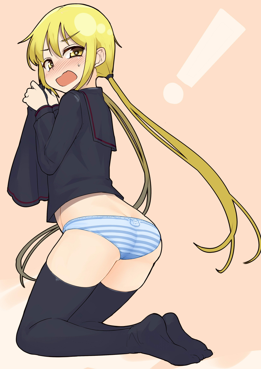 1girl absurdres animal_print ass back black_serafuku blonde_hair blush cat_panties cat_print hair_between_eyes highres holding_skirt kantai_collection kneeling long_hair long_sleeves looking_at_viewer looking_back low_twintails open_mouth panties print_panties satsuki_(kantai_collection) school_uniform serafuku simple_background skirt skirt_removed solo striped striped_panties taketora_suzume thighhighs twintails underwear yellow_eyes