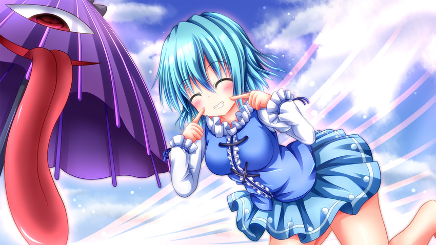 :p ^_^ ^o^ blue_dress blue_hair blue_ribbon blush breasts center_frills closed_eyes cloud cloudy_sky collar commentary_request cowboy_shot day dress eyebrows eyebrows_visible_through_hair fingers_to_mouth frilled_sleeves frills grin highres karakasa_obake large_breasts light_rays long_sleeves manma_(manmamia) one-eyed open_mouth outdoors ribbon short_hair sky smile solo tatara_kogasa teeth tongue tongue_out touhou umbrella youkai