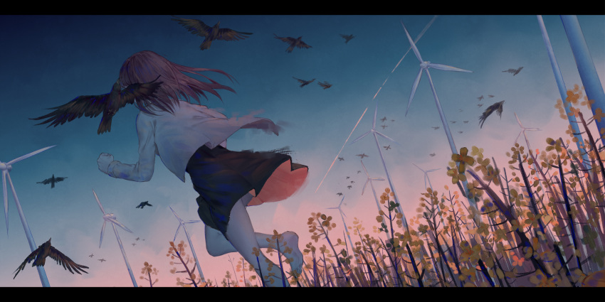 1girl animal barefoot bird black_skirt blue_sky brown_hair commentary_request dutch_angle facing_away field flying from_behind highres jacket ji_dao_ji long_hair long_sleeves open_clothes open_jacket original outdoors running skirt sky soles solo sunset white_jacket wind_turbine windmill