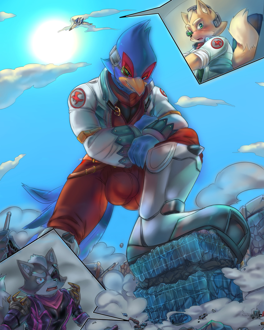 absurd_res anthro arwing avian bird bulge canid canine canis city clothed clothing destruction falco_lombardi fox fox_mccloud grin hi_res looking_down looming low-angle_view macro male mammal nintendo smile soina star_fox stomping video_games wolf wolf_o'donnell