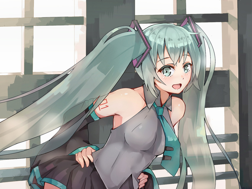 blush detached_sleeves green_eyes green_hair hands_on_hips hatsune_miku highres leaning_forward lingyan_heiye long_hair looking_at_viewer necktie open_mouth skirt smile solo tattoo twintails very_long_hair vocaloid window