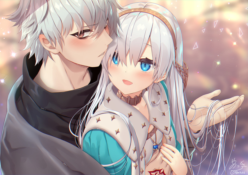 1boy 1girl anastasia_(fate/grand_order) bags_under_eyes bangs black_shirt blue_cloak blue_eyes blurry blurry_background blush brown_eyes brown_hairband cloak command_spell commentary_request depth_of_field dress eyebrows_visible_through_hair fate/grand_order fate_(series) grey_jacket hair_between_eyes hairband holding holding_hair jacket kadoc_zemlupus looking_at_viewer looking_to_the_side royal_robe shirt signature silver_hair twitter_username white_dress yano_mitsuki