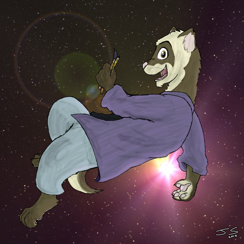 2019 anthro brown_eyes clothed clothing digital_media_(artwork) fur male mammal misfortunate-rai open_mouth polecat_(disambiguation) smile solo space