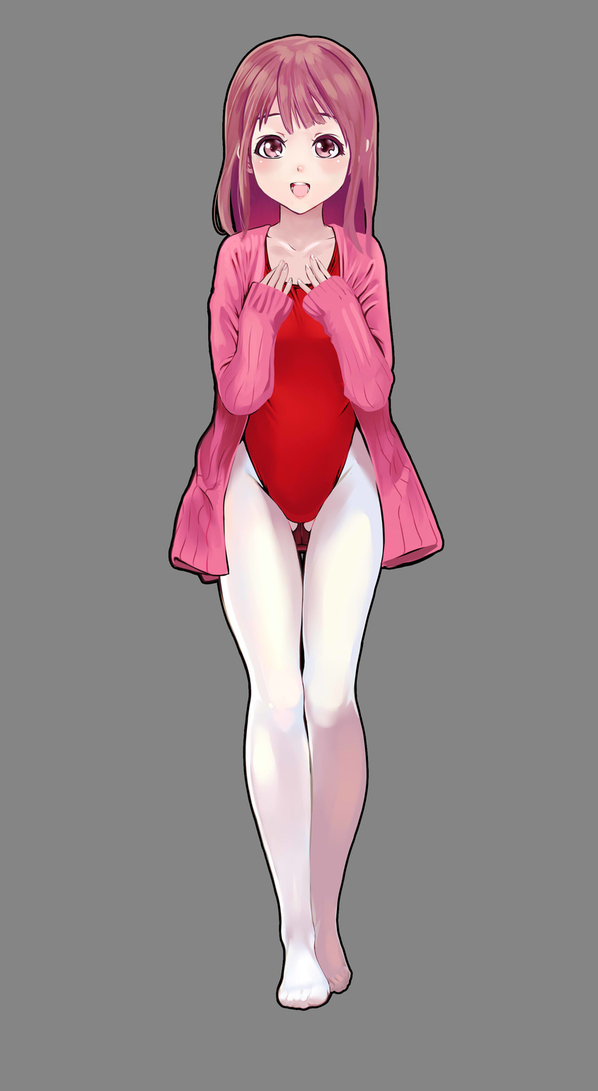 absurdres brown_eyes brown_hair cardigan feet gymnast_leotard highres leotard no_shoes open_cardigan open_clothes original pantyhose red_leotard short_hair sleeves_past_wrists solo standing toes white_legwear yewang19