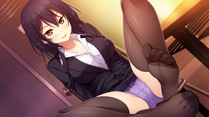 akabeisoft3 amakusa_tobari black_hair blush breasts cameltoe cleavage game_cg kido_fuuka omokage_~ecchi_na_happening!?_nandemo_dontokoi!~ panties stockings thighhighs underwear yellow_eyes