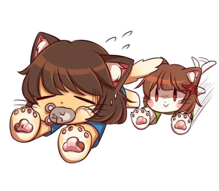 2girls animal_ears animalization brown_hair cat cat_ears chara_(undertale) frisk_(undertale) mouse multiple_girls paws running short_hair tail undertale