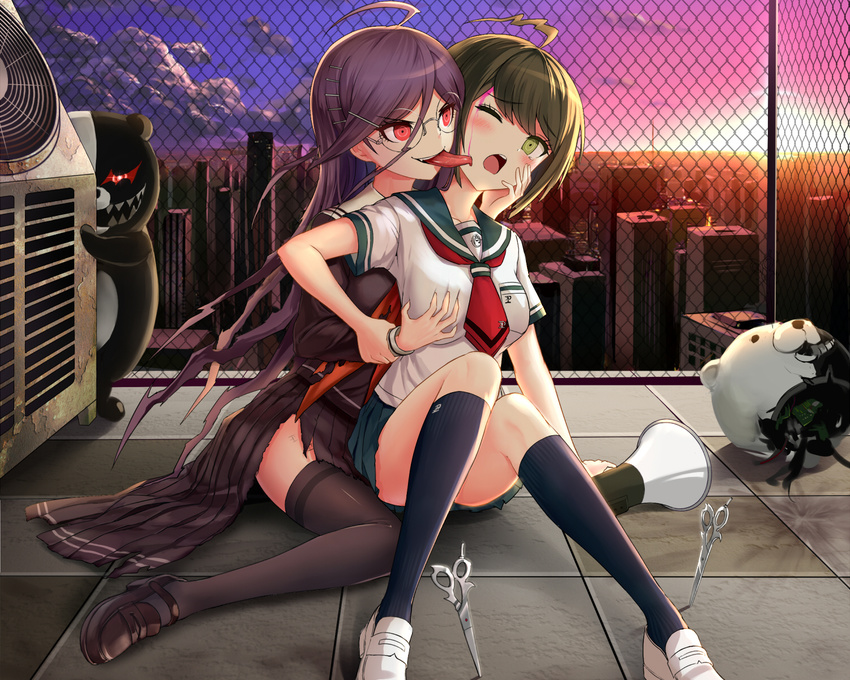 2girls blood braids breast_grab brown_hair building city cropped dangan-ronpa drogoth fukawa_touko glasses green_eyes kneehighs monokuma naegi_komaru red_eyes scenic seifuku sunset thighhighs torn_clothes yuri zettai_zetsubou_shoujo