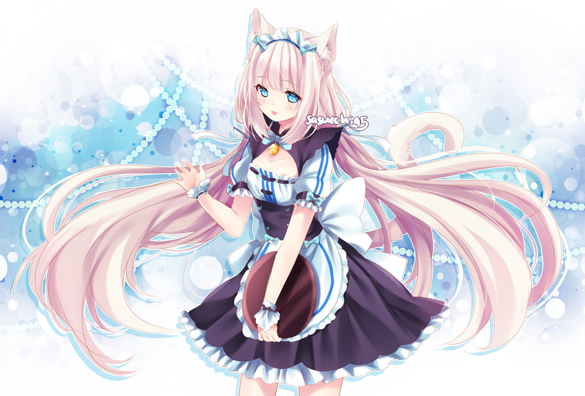 :d animal_ears apron artist_name bell blue_eyes cat_ears cat_tail cleavage_cutout collarbone flat_chest frilled_apron frills highres holding holding_tray jingle_bell long_hair looking_at_viewer low_twintails maid maid_headdress nekopara open_mouth puffy_short_sleeves puffy_sleeves sasucchi95 short_sleeves smile solo tail tray twintails vanilla_(sayori) very_long_hair waist_apron waitress waving white_hair wrist_cuffs