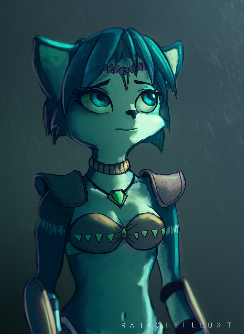 1girl absurdres animal_ears animal_nose armor artist_name blue_background blue_eyes blue_fur blue_hair body_fur bra breasts choker circlet closed_mouth collarbone commentary english_commentary fox_ears furry furry_female highleg highres jewelry krystal looking_up navel necklace raikoh-illust rain short_hair shoulder_armor shoulder_pads simple_background small_breasts snout solo standing star_fox two-tone_fur underwear upper_body vambraces watermark white_fur