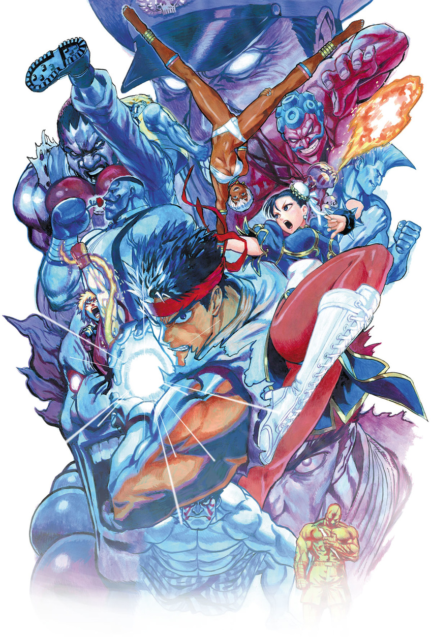 6+boys abs anklet barefoot bikini blue_eyes blue_hair blue_nails boots boxing_gloves breasts capcom charlie_nash china_dress chinese_clothes chun-li collage cover cover_page cross-laced_footwear dark_skin dhalsim dougi dress dudley edmond_honda elena_(street_fighter) evil_ryuu eyebrows facial_hair fighting_stance fireball flower glowing glowing_eyes gouki guile hadouken hakan handstand headband highres jewelry ken_masters kicking lace-up_boots large_breasts long_legs m_bison multiple_boys multiple_girls murata_yuusuke muscle mustache nail_polish necklace no_pupils official_art pantyhose red_skin rose ryuu_(street_fighter) sagat shirtless shouryuuken sideburns skull skull_necklace solo_focus street_fighter street_fighter_the_novel suspenders swimsuit textless thick_eyebrows thighs toenail_polish underboob uppercut upside-down vega white_bikini