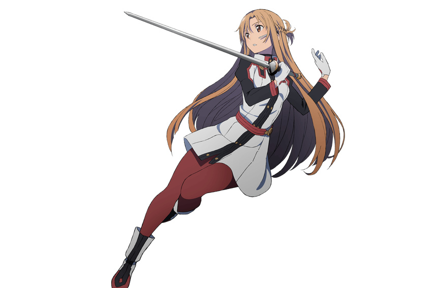 adachi_shingo alternate_costume asuna_(sao) augma brown_eyes brown_hair full_body gloves highres holding holding_sword holding_weapon long_hair red_legwear solo sword sword_art_online sword_art_online_the_movie:_ordinal_scale transparent_background weapon white_gloves