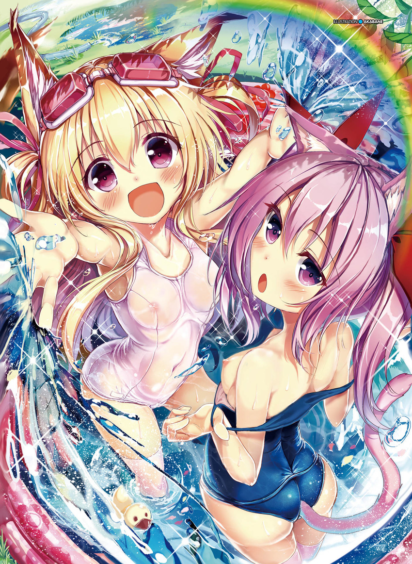 akabane animal_ears ass breasts jpeg_artifacts kitsune nekomimi nipples open_shirt school_swimsuit see_through swimsuits tail thighhighs wet wet_clothes