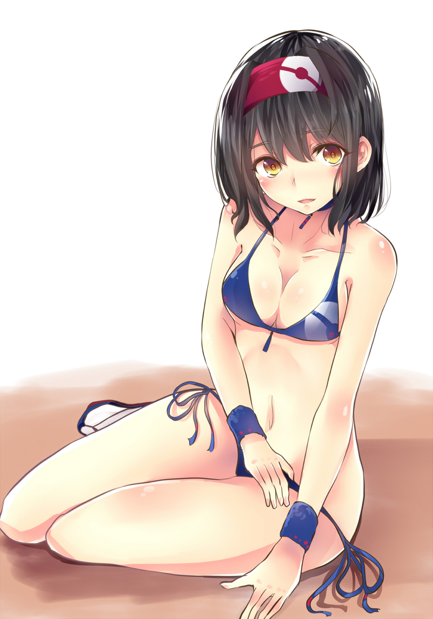 bare_shoulders bikini black_hair body_blush breasts brown_eyes choker cleavage collarbone e-co erika_(pokemon) hairband highres medium_breasts navel open_mouth parted_lips pokemon pokemon_(game) sandals short_hair side-tie_bikini sitting socks solo swimsuit white_legwear wristband yokozuwari