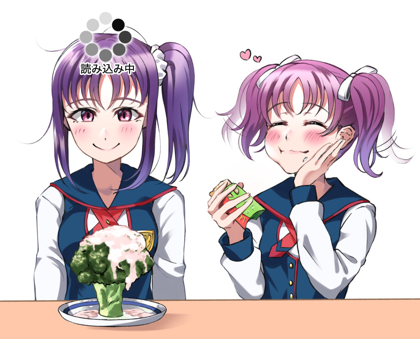 2girls absurdres bangs blush broccoli commentary_request eating eyebrows_visible_through_hair eyes_closed food forced_smile hair_ribbon heart highres kazuno_leah kazuno_sarah love_live! love_live!_sunshine!! mcdonald's multiple_girls pink_eyes plate product_placement purple_hair ribbon saint_snow school_uniform scrunchie shaka_(staito0515) siblings side_ponytail sidelocks sisters table translation_request twintails white_ribbon white_scrunchie