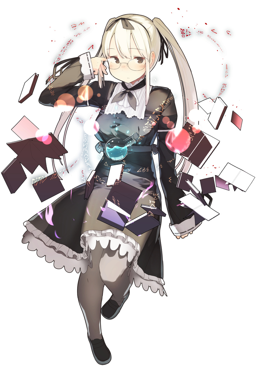 arm_up bad_id bad_pixiv_id bangs black_dress black_footwear black_ribbon blonde_hair blush book breasts brown_hair buttons commentary_request dress expressionless eyebrows eyebrows_visible_through_hair flask floating floating_book floating_object frilled_dress frills full_body fuu_fuu glasses hair_ribbon hairband highres large_breasts leg_up lens_flare liquid long_hair long_sleeves magic neckerchief original pantyhose ribbon rimless_eyewear shoes simple_background sleeves_past_wrists solo standing standing_on_one_leg twintails white_background