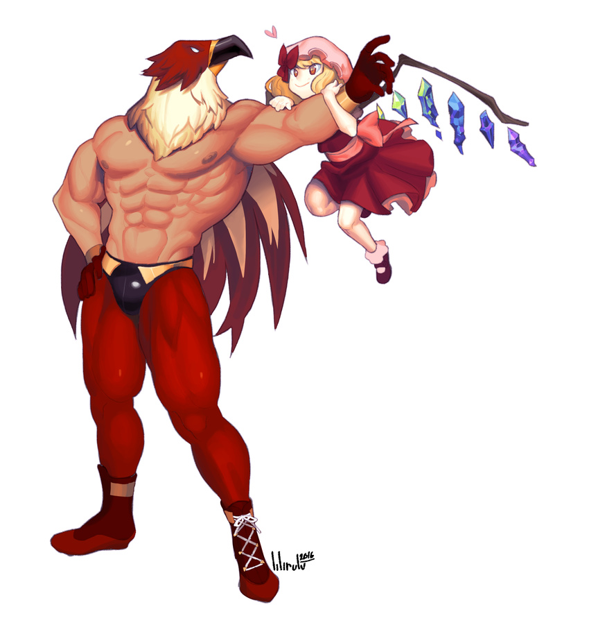 1girl absurdres ankle_boots arm_holding arm_hug bare_chest blonde_hair blush boots bow crossover crystal dated demon_wings dress fatal_fury flandre_scarlet flying full_body griffon_mask hat heart highres hug lilirulu m.u.g.e.n mark_of_the_wolves mask mob_cap muscle pose red_dress red_eyes red_footwear ribbon shirtless shoelaces side_ponytail signature simple_background size_difference smile snk spandex touhou vampire white_background wings wrestler wrestling_mask wrestling_outfit