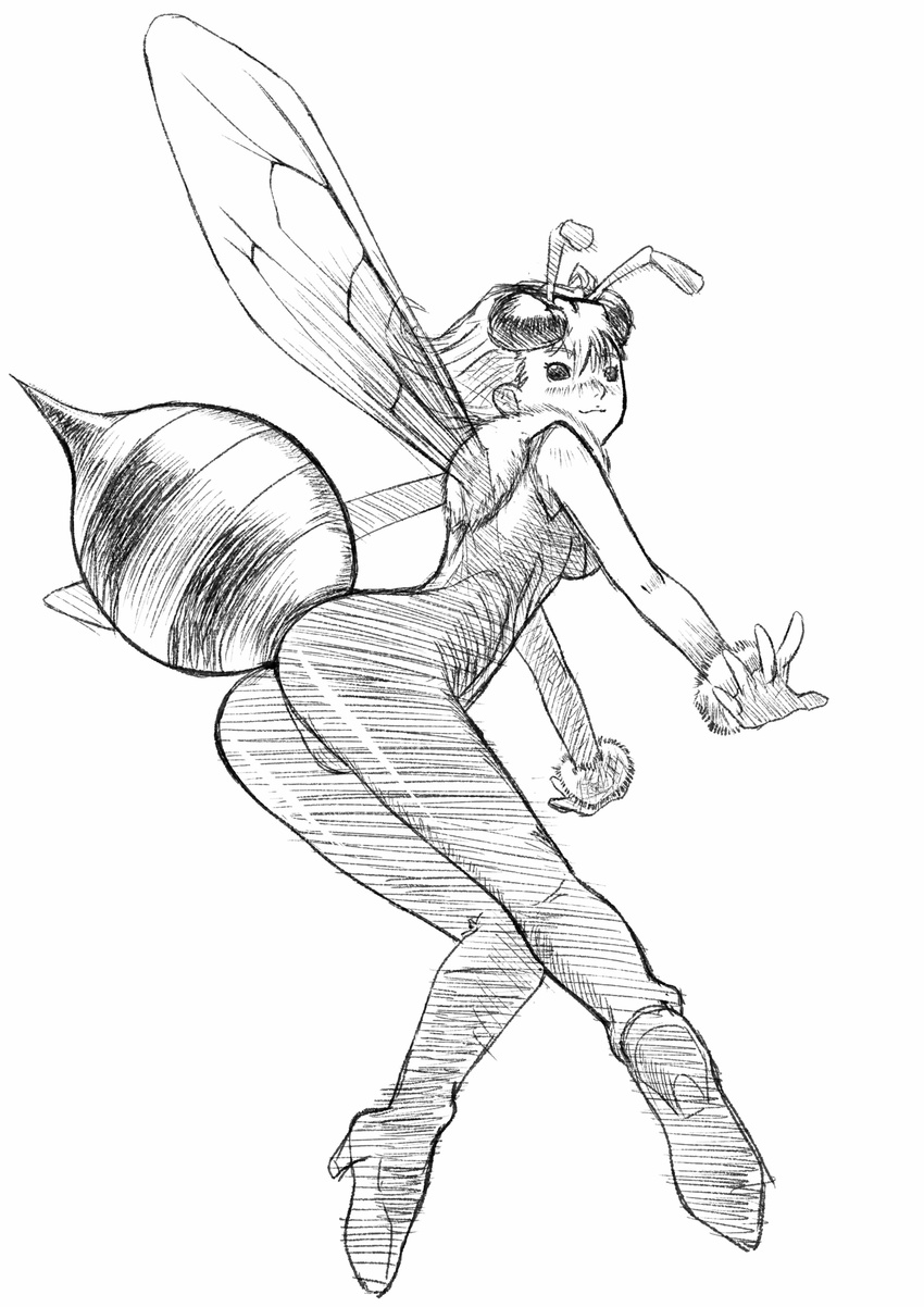 1girl ass bee_girl breasts capcom female full_body high_heels insect_girl monochrome q-bee simple_background solo uka_(cessa) vampire_(game) white_background wings