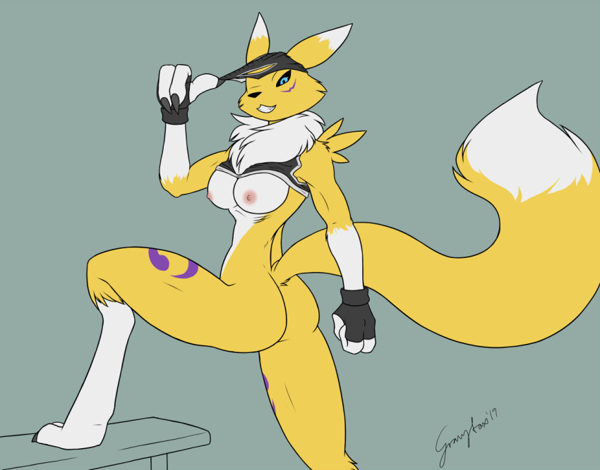 black_sclera bottomless bra breasts butt canid canine clothed clothing clothing_lift digimon digimon_(species) female fox gloves gravyfox grin mammal markings mask muscular muscular_female nipples nude partially_clothed pose renamon shirt shirt_lift simple_background smile solo sports_bra underwear unmasking