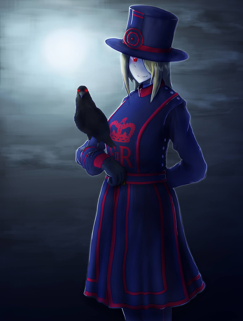 bird blonde_hair commentary_request erica_(naze1940) gloves hat highres long_hair long_skirt looking_at_viewer moon night original raven_(animal) red_eyes skirt smile solo standing turtleneck