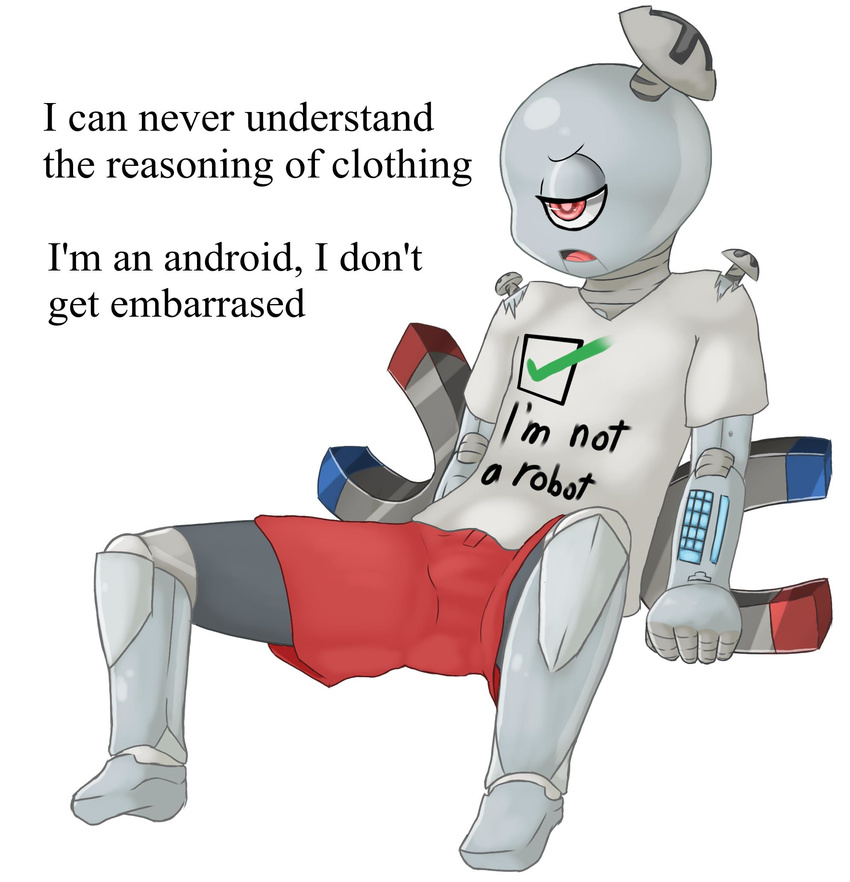 1_eye android annoyed anthro anthrofied clothing cub dialogue english_text frown littlerager machine magnemite male nintendo open_mouth pok&eacute;mon reclining robot shirt shorts sitting solo spread_legs spreading text video_games young