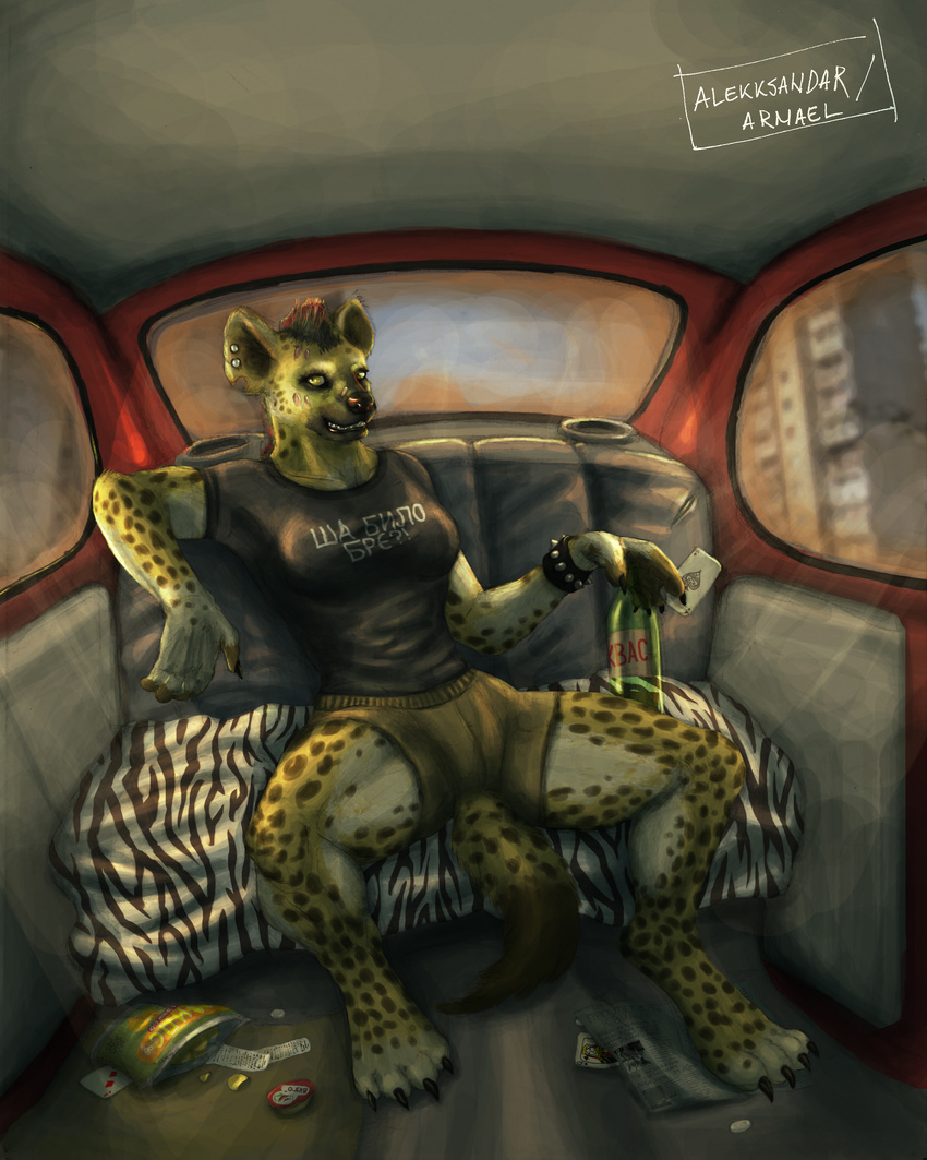 ace_of_spades alekksandar anthro backseat car clothed clothing ear_piercing facial_scars female fur hi_res hyena mammal mohawk muscular muscular_female piercing scar serbian_text shorts smile solo spotted_hyena vehicle yellow_eyes zaraza