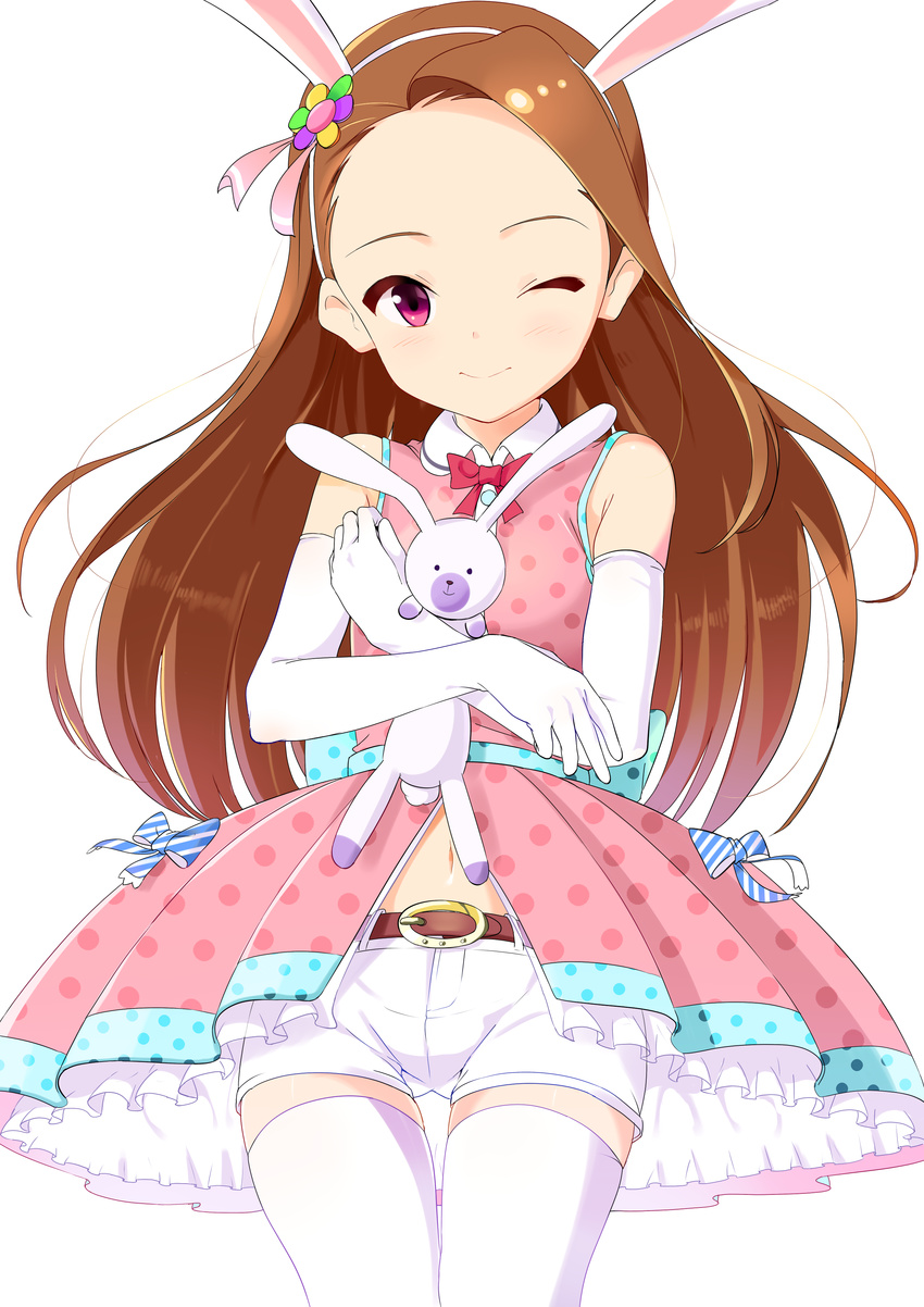 absurdres animal_ears bad_id bad_nicoseiga_id bare_shoulders belt blush brown_hair bunny bunny_ears dress elbow_gloves forehead gloves hairband highres idolmaster idolmaster_(classic) long_hair minase_iori navel one_eye_closed pink_dress polka_dot polka_dot_dress red_eyes short_shorts shorts smile solo stuffed_animal stuffed_bunny stuffed_toy thighhighs virtual_harimoto white_gloves white_legwear