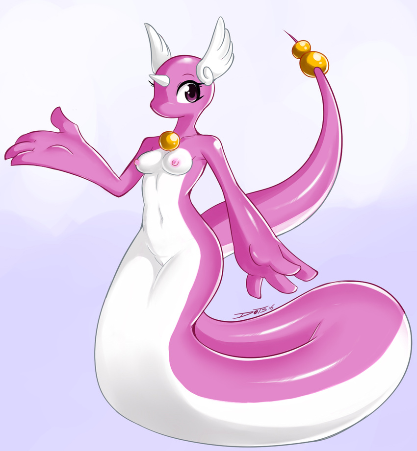 2016 anthro areola breasts dragon dragonair eyelashes female horn navel nintendo nipples nude pok&eacute;mon purple_eyes pussy shadowill shiny_pok&eacute;mon solo video_games