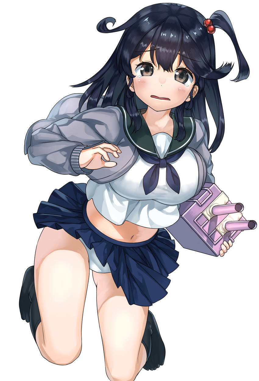 absurdres alternate_hairstyle bad_id bad_pixiv_id black_hair breasts cardigan harumaki_haruki highres kantai_collection large_breasts long_hair navel panties ponytail school_uniform side_ponytail skirt solo tears turret underwear ushio_(kantai_collection) white_panties