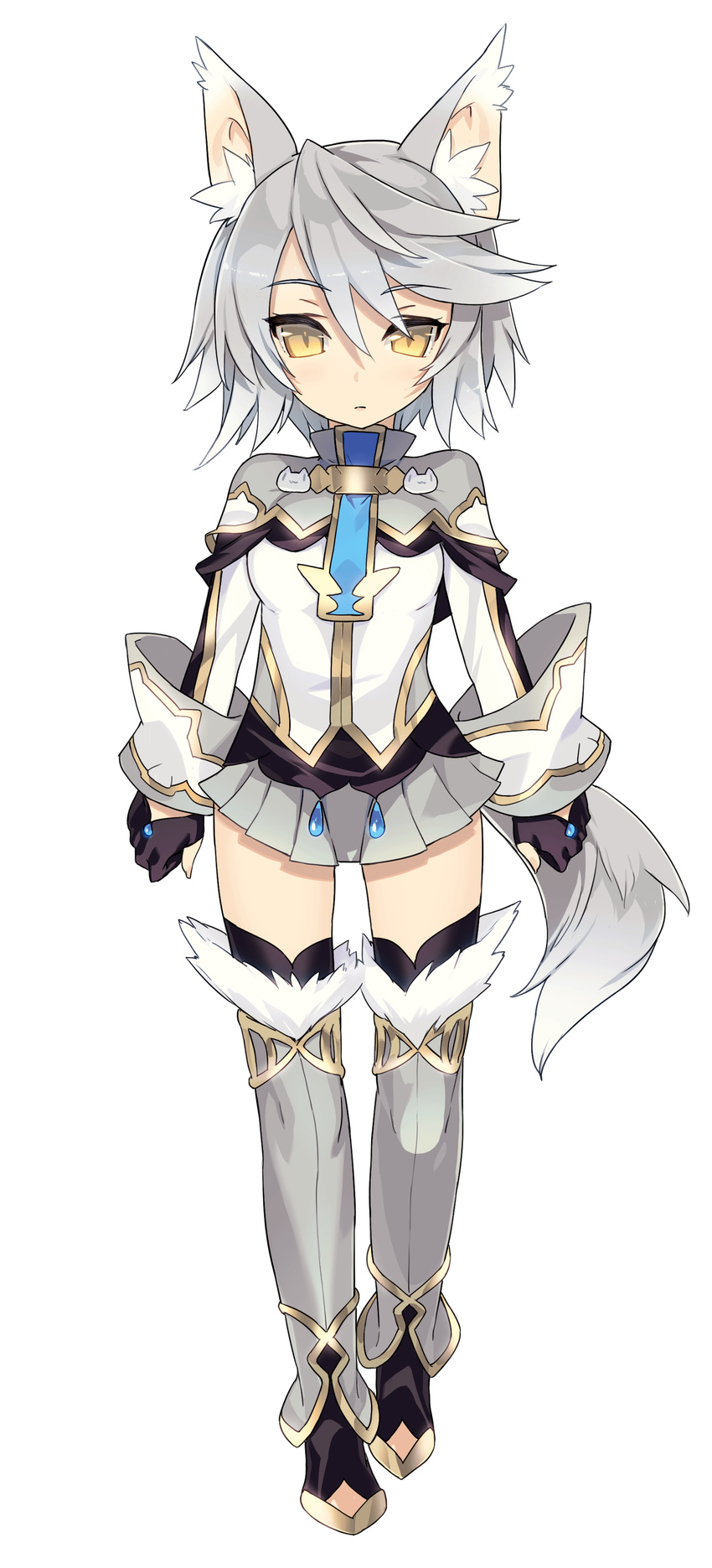 absurdres animal_ears blade_(galaxist) expressionless fingerless_gloves full_body gloves grey_hair highres official_art pleated_skirt pop-up_story rita_drake skirt solo st._feles_gakuen_uniform tail transparent_background wolf_ears wolf_girl wolf_tail yellow_eyes