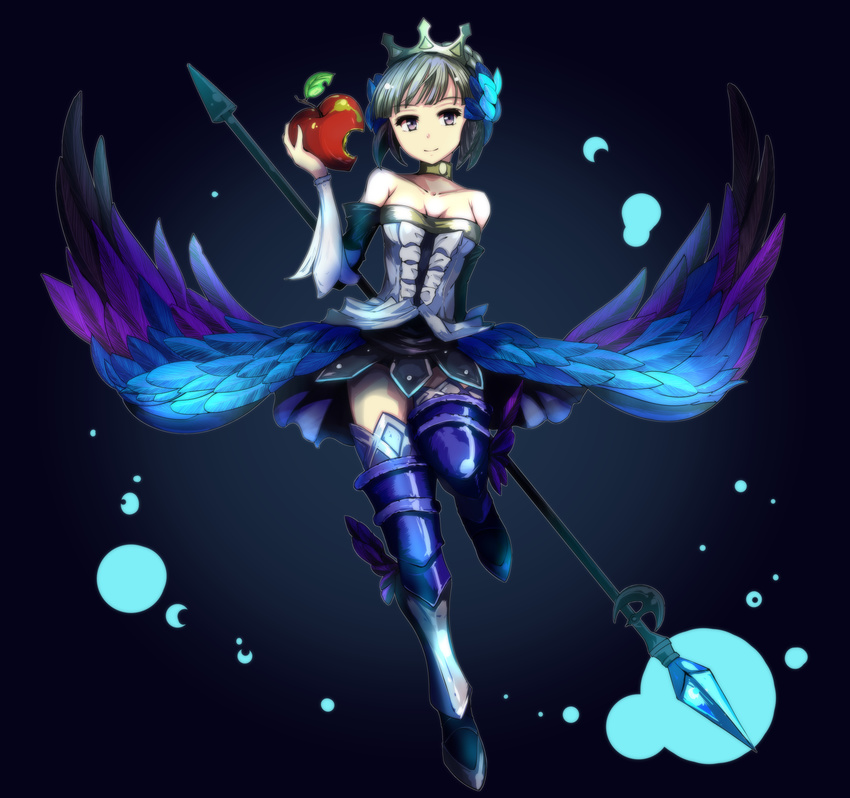 apple armor armored_dress bare_shoulders bite_mark blue_eyes breasts choker cleavage collarbone crown detached_sleeves dress food fruit full_body greaves grimjin gwendolyn hair_ornament heart-shaped_food highres holding holding_food holding_fruit low_wings medium_breasts multicolored multicolored_wings odin_sphere polearm short_hair showgirl_skirt silver_hair solo spear strapless strapless_dress thighhighs weapon wings zettai_ryouiki