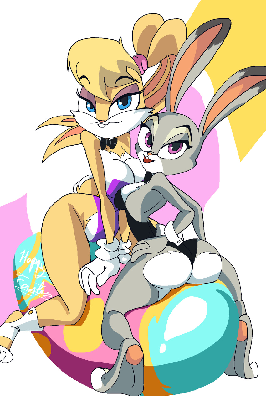 2016 anthro big_breasts big_butt blue_eyes bow_tie breasts butt cleavage clothed clothing crossover disney duo egg female hand_on_butt judy_hopps lagomorph lola_bunny looking_at_viewer looking_back looney_tunes mammal ninjaspartankx5 purple_eyes rabbit rear_view skimpy small_breasts straddling warner_brothers zootopia