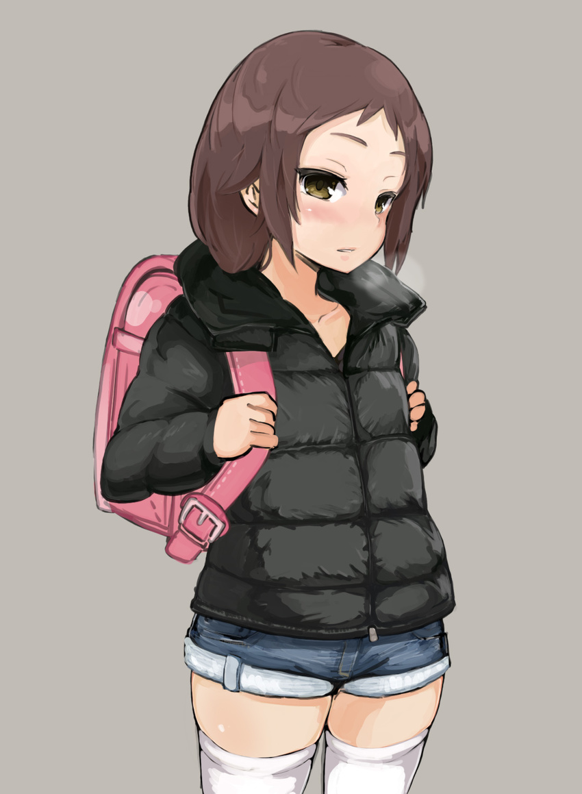 backpack bag blush breath brown_eyes brown_hair coat denim denim_shorts down_jacket highres holding_strap megane_chuu original randoseru short_shorts shorts skindentation solo standing thighhighs thighs