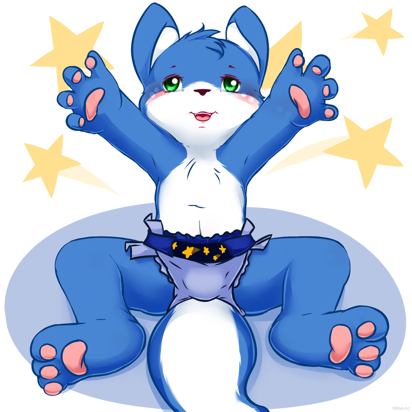 2016 blue_fur blush clothing cub diaper fur green_eyes male maverick navel pawpads smile unknown_species white_fur young