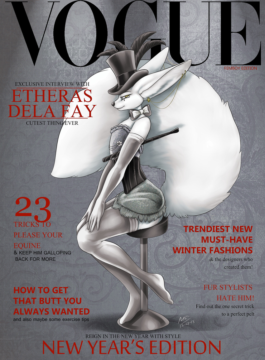 2013 absurd_res ankh black_nose bow bow_tie canine clothed clothing conditional_dnp corset cover cover_page crossdressing digital_media_(artwork) ear_piercing egyptian english_text etheras etheras_(copyright) eye_of_horus feathers fennec fox girly gloves hat hi_res legwear looking_at_viewer magazine magazine_cover male mammal moodyferret piercing riding_crop satire side_view sitting skirt solo stockings stool text thigh_highs top_hat whip yellow_eyes