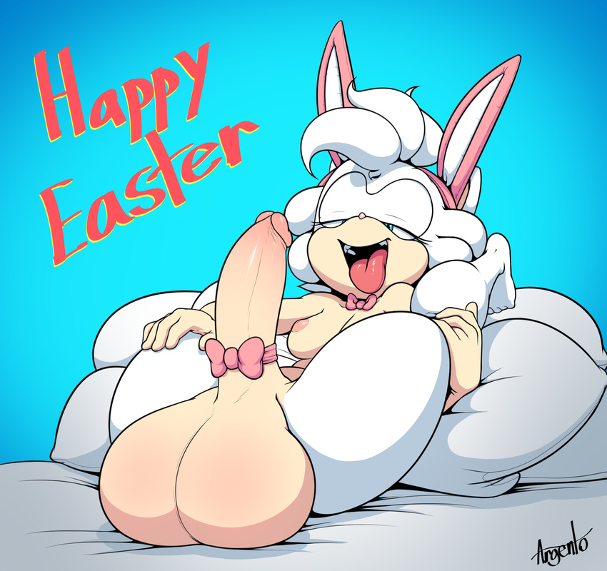 2016 anthro argento balls big_balls big_penis blue_eyes breasts dickgirl easter english_text fake_ears fake_rabbit_ears hair half-closed_eyes hedgehog hi_res holidays huge_balls humanoid_penis intersex mammal nipples open_mouth penis ribbons solo sophie_(argento) text tongue tongue_out white_hair