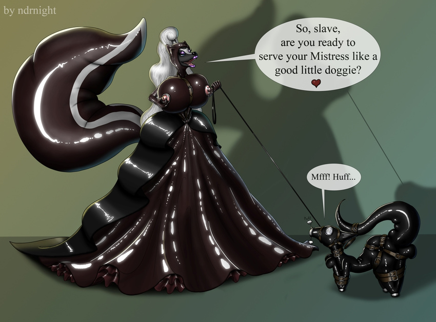 anthro bdsm big_breasts bondage bound breasts clothing dragon dress female huge_breasts huge_tail leather mammal mistress ndrnight_(artist) nipples rubber rubber_dress skunk slave sm twillight