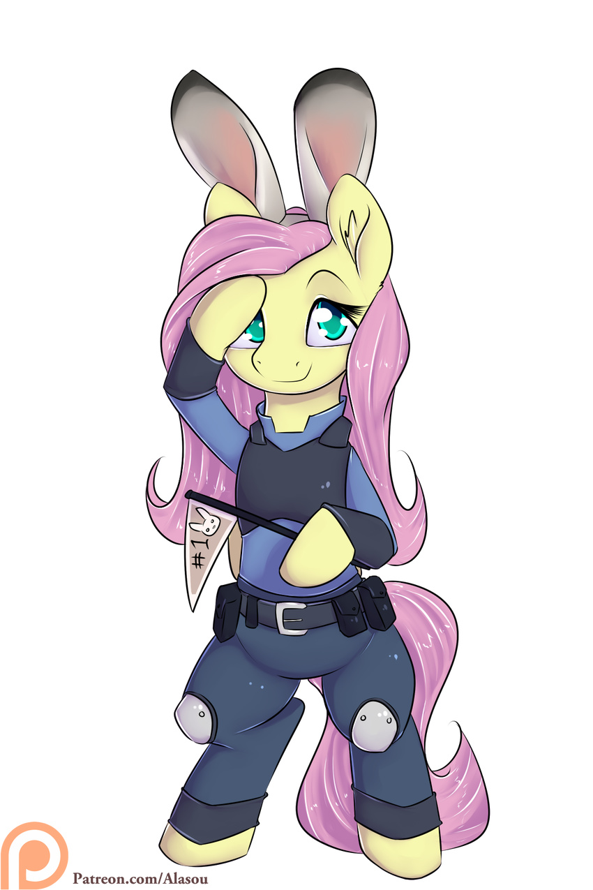 2016 alasou alpha_channel biped clothing cosplay costume disney equine eyelashes fake_ears fake_rabbit_ears female flag fluttershy_(mlp) friendship_is_magic hair hi_res holding_object judy_hopps long_hair looking_at_viewer mammal my_little_pony patreon pegasus pink_hair police_uniform simple_background smile solo teal_eyes transparent_background uniform wings zootopia