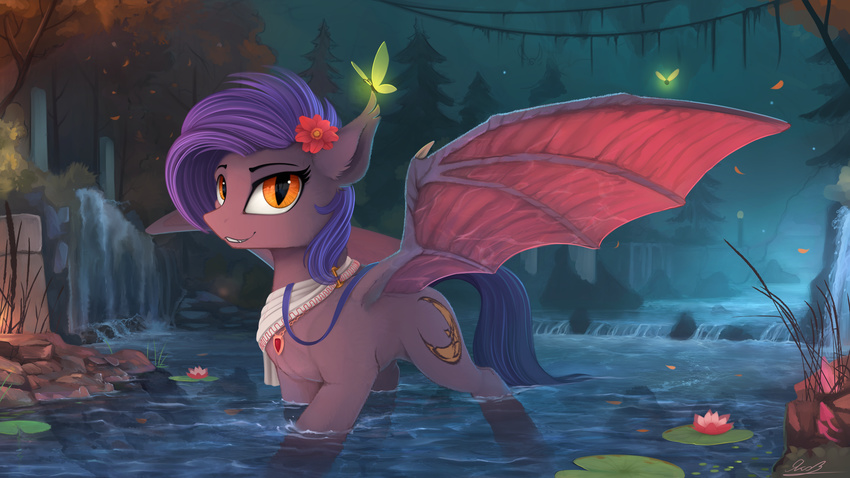 2016 arthropod bat_pony bat_wings bioluminescence fan_character female flower glowing hi_res insect lily_pad luna_moth membranous_wings moth my_little_pony night plant slit_pupils solo water waterall wings yakovlev-vad