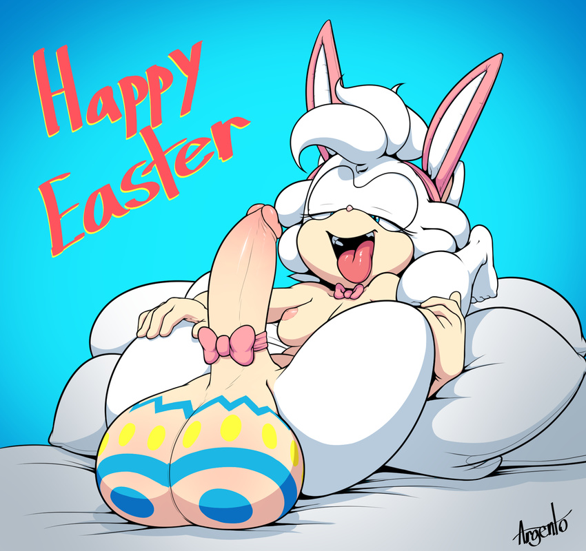 2016 anthro argento balls big_balls big_penis blue_eyes breasts dickgirl easter english_text fake_ears fake_rabbit_ears hair half-closed_eyes hedgehog hi_res holidays huge_balls humanoid_penis intersex mammal nipples open_mouth penis ribbons solo sophie_(argento) text tongue tongue_out white_hair