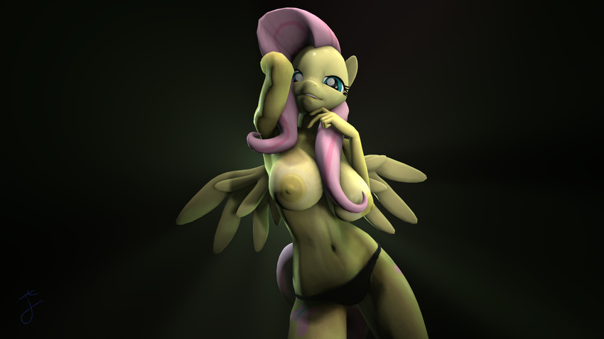 2016 3d_(artwork) anthro anthrofied areola big_breasts breasts clothed clothing digital_media_(artwork) equine female fluttershy_(mlp) friendship_is_magic hair hi_res hooves-art_(artist) horse huge_breasts looking_at_viewer mammal my_little_pony nipples pony simple_background smile
