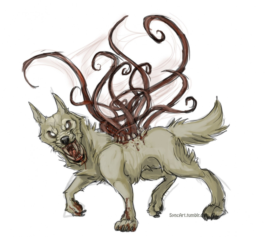 ambiguous_gender blood canine capcom colmillos feral mammal manda_panda monster open_mouth resident_evil simple_background solo teeth tentacles video_games white_background