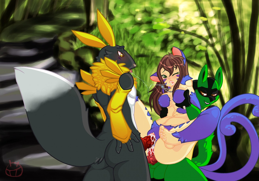 anal canine cum cum_in_ass cum_in_pussy cum_inside digimon feline female fox giovanni_(character) group group_sex jackal kly klystron lucario male mammal nintendo penis pok&eacute;mon pussy renamon sex threesome vaginal video_games