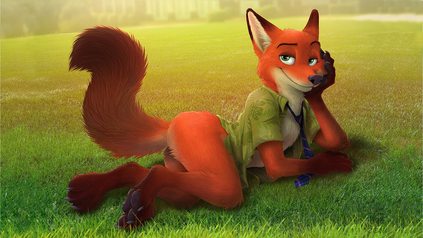 2016 3_toes anthro black_nose bottomless brown_fur butt canine claws clothed clothing detailed detailed_background digital_media_(artwork) digitigrade disney eyebrows fox fur gloves_(marking) grass green_eyes half-closed_eyes hindpaw looking_at_viewer lying male mammal markings multicolored_fur necktie nick_wilde open_shirt orange_fur outside pawpads paws pinup pose raised_tail shirt smile socks_(marking) solo toe_claws toes white_fur zen zootopia