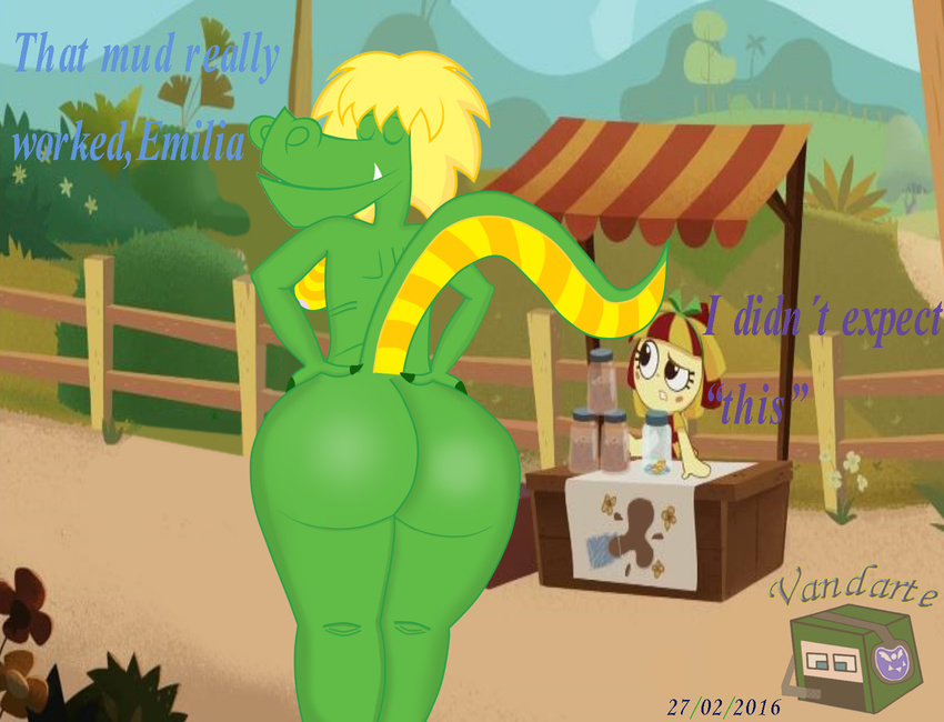 2016 anthro big_butt breasts butt crocodile cuca digital_media_(artwork) english_text female hair hi_res monster nude reptile scalie sitio_do_picap&aacute;u_amarelo smile text vandarte wide_hips