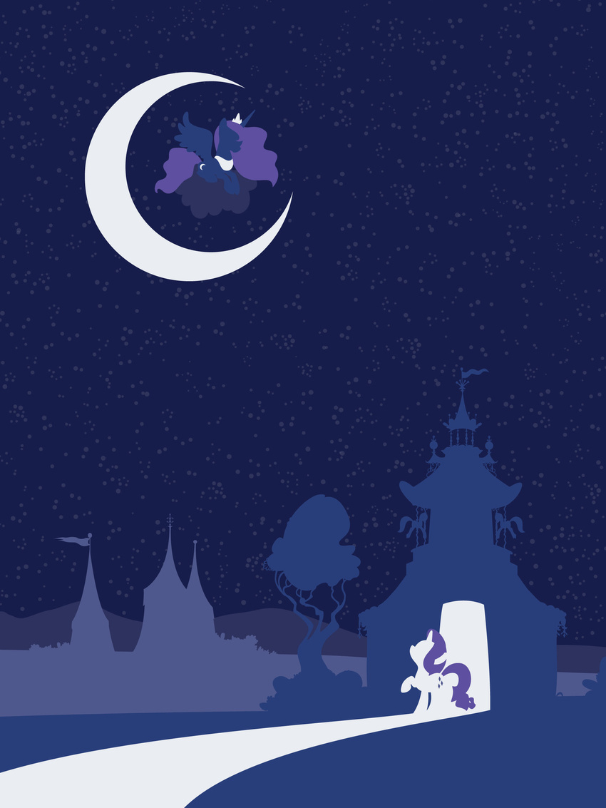 2015 better_version_at_source blue_feathers blue_fur blue_hair building bush cloud crown cutie_mark duo equine feathered_wings feathers female feral friendship_is_magic fur hair hexfloog hi_res horn house jewelry landscape mammal moon my_little_pony necklace night outside ponyville princess_luna_(mlp) purple_hair rarity_(mlp) sky spread_wings star tree unicorn white_fur winged_unicorn wings
