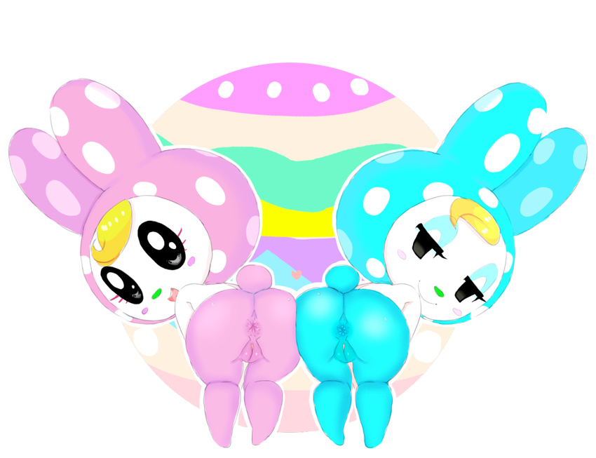 alpha_channel animal_crossing anthro anus blonde_hair blush butt chrissy_(animal_crossing) duo easter egg eyelashes female francine_(animal_crossing) green_nose hair half-closed_eyes holidays hoshime lagomorph looking_back makeup mammal nintendo open_mouth pussy rabbit sibling sisters smile smut-valerian video_games