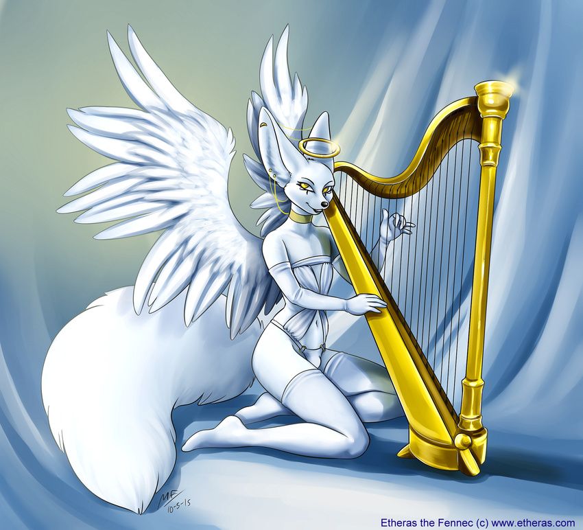 2015 5_fingers angel anthro big_tail black_nose bulge canine clothed clothing collar conditional_dnp costume digital_media_(artwork) ear_piercing etheras etheras_(copyright) eye_of_horus feathered_wings feathers fennec fox fur girly gloves halo harp hi_res instrument jewelry kneeling legwear lingerie looking_at_viewer male mammal moodyferret musical_instrument navel piercing sitting smile solo stockings white_fur white_theme wings yellow_eyes